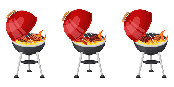 A set of a red-hot barbecue grill, cooking meat on the grill with an open lid. Vector illustration on a white background.