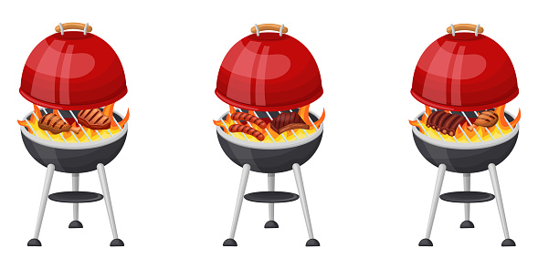 A set of red-hot barbecue grill, cooking meat on the grill.. Vector illustration on a white background.