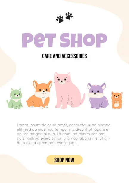 Vector illustration of Pet shop banner design with cute doodle animals in pastel colors.