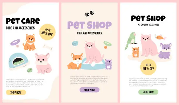 Vector illustration of Pet shop banners set with cute doodle animals and accessorizes.