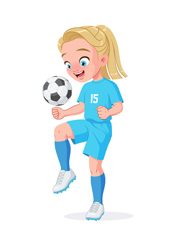 Cute little girl football player in blue uniform kicking soccer ball with knee. Cartoon vector illustration isolated on white background.