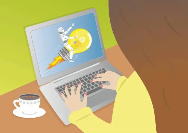 Vector illustration of Womsn, girl working on computer with AI-robot to her help with ideas. Robot flying on light bulb rocket. Vector illustration.
