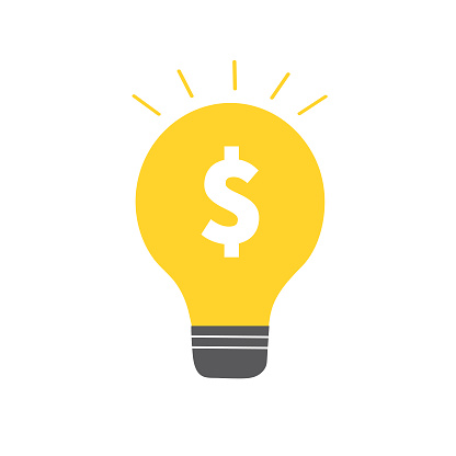 Yellow light bulb with dollar sign. Vector illustration in flat style. Concept idea, business, money.