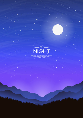 Night landscape. Starry sky and full moon. Dark silhouettes of mountains and forests. Vector illustration. Adventure tourism, hiking. Design for wallpaper, poster, cover, postcard.