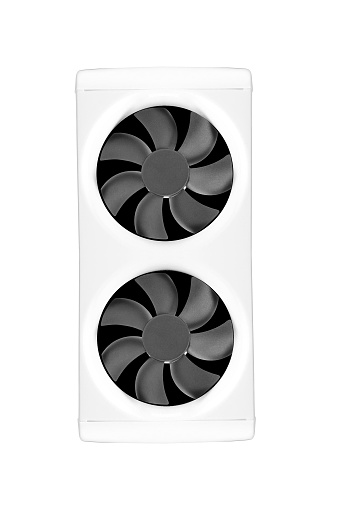 Two cooling fans in a dual-fan bracket isolated on white background
