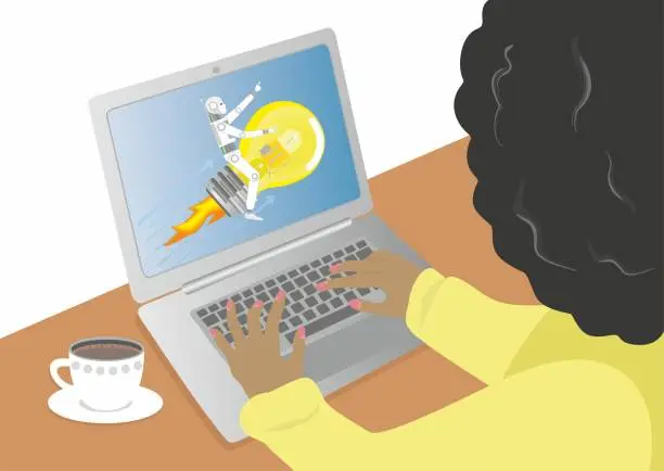 Vector illustration of Woman, girl working on computer with AI-robot to her help with ideas. Robot flying on light bulb rocket. Vector illustration.