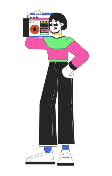 istock Holding boombox 80s line cartoon flat illustration 1941701498