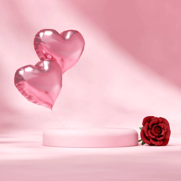 istock 3d render template mockup pink podium in square with balloons and a rose 1941707781