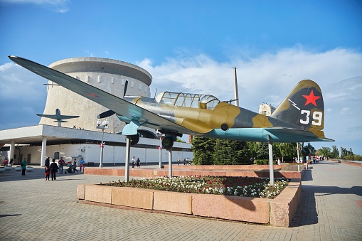 Volgograd, Russia - May 06, 2023.: Monument of the military era. The Great Patriotic War. Military equipment, aircraft