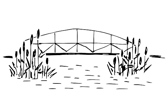 Bridge over the river, reeds. Nature, two shores. Building construction. Simple vector drawing with black outline. Sketch in ink.