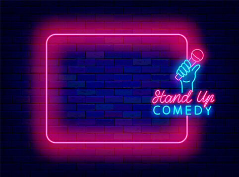 Stand up comedy neon invitation. Humor concert. Greeting card. Empty pink frame and typography with microphone. Party and event. Glowing flyer. Editable stroke. Vector stock illustration