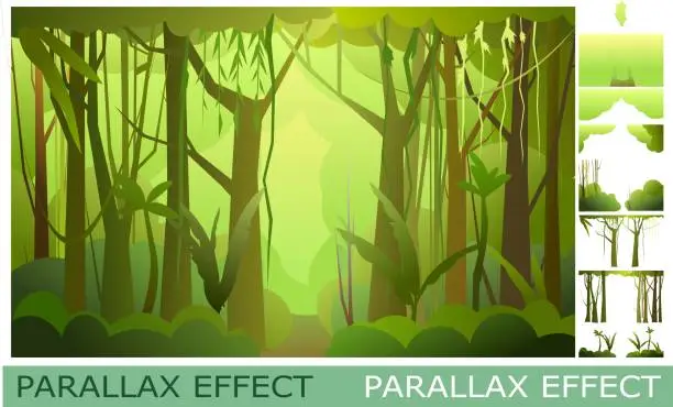 Vector illustration of Jungle landscape. Set of slides for parallax effect. Funny cartoon style. Picture vector