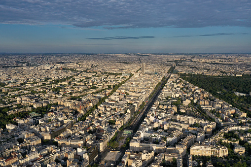 An aerial view of Champs Elysees with the quarter of Defense at the background in Paris.