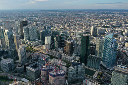 Paris La Defense Business district. The image shows La Defense as high angle image, captured during summer season.