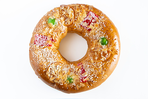 Ring shaped cake. Roscon de reyes. Traditional spanish patisserie. Christmas