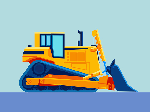 Buldozer illustration. Construction machine side view. Illustration with vibrant cartoon colours. One object,