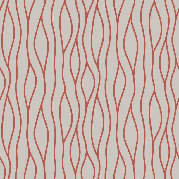 Vector illustration of Abstract modern vector seamless pattern with red lines on gray background. Curved wavy vertical stripes.