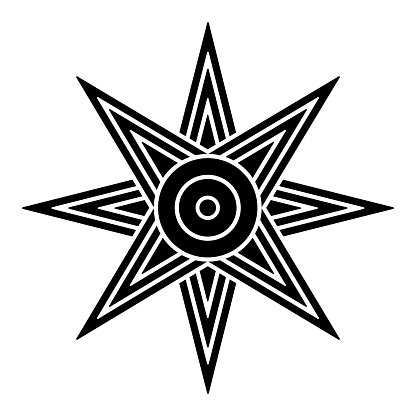 Star of Ishtar or Inanna, or also Star of Venus is usually depicted with eight points. Symbol of ancient Sumerian goddess Inanna, and her East Semitic counterpart Ishtar. Black and white illustration.