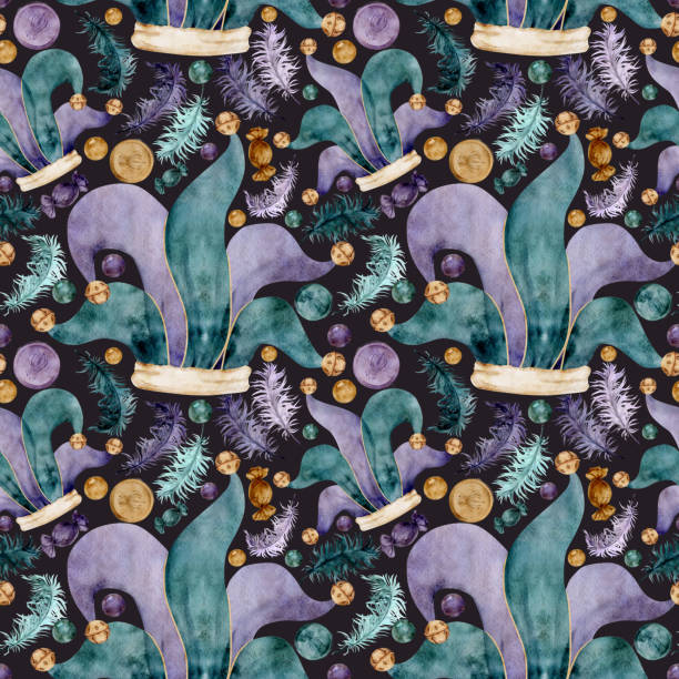 Hand drawn watercolor Mardi Gras carnival symbols. Jester fool hat, feathers, bonbons beads baubles coin throws. Seamless pattern isolated on dark background. Design for party, print, shop, package Hand drawn watercolor Mardi Gras carnival symbols. Jester fool hat, feathers, bonbons beads baubles coin throws. Seamless pattern isolated on dark background. Design for party, print, shop, package. painted masquerade masks stock illustrations