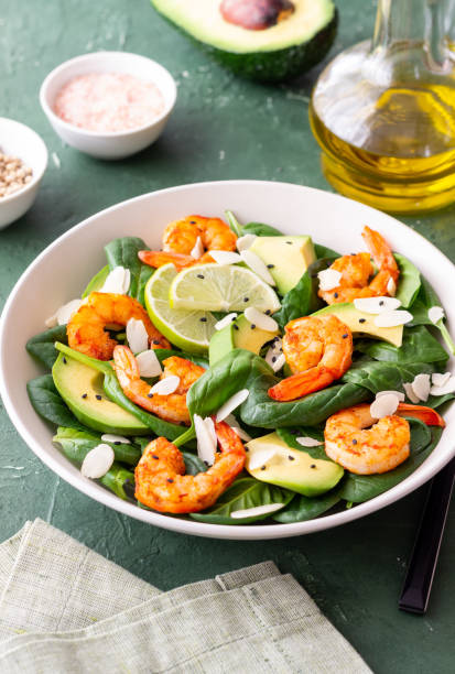 istock Salad with shrimps, avocado, spinach and almonds. Healthy eating. Diet. 1941831734