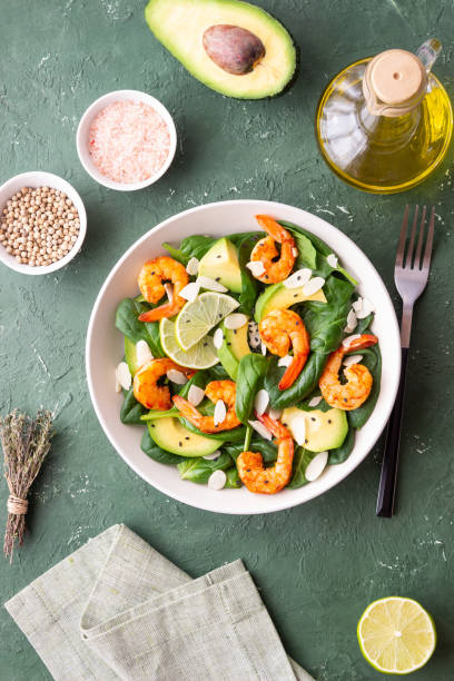 istock Salad with shrimps, avocado, spinach and almonds. Healthy eating. Diet. 1941832301