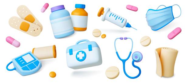 stockillustraties, clipart, cartoons en iconen met 3d medical icons. isolated hospital ambulance tools, pills and drugs. plasticine medicine and pharmacy elements, pithy vector realistic set - apotheek