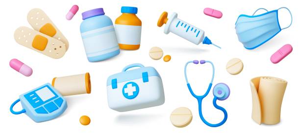 3d medical icons. Isolated hospital ambulance tools, pills and drugs. Plasticine medicine and pharmacy elements, pithy vector realistic set vector art illustration