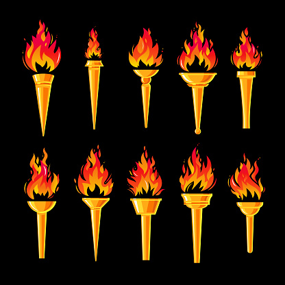 Collection of different torches with a blazing fire. The amazing flame torch of the champion's victory. Flame icons. Vector illustration on a black background.