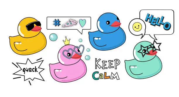 Vector illustration of Rubber colorful ducks with pop art lettering on a white background. Vector illustration for packaging