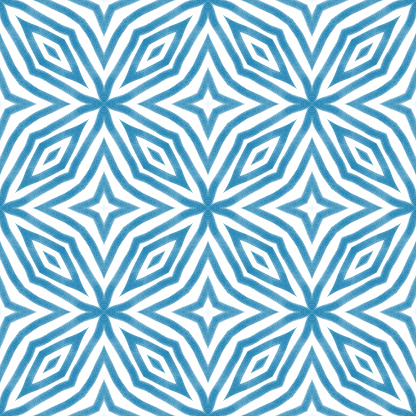 Striped hand drawn pattern. Blue symmetrical kaleidoscope background. Repeating striped hand drawn tile. Textile ready remarkable print, swimwear fabric, wallpaper, wrapping.