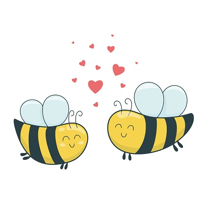Couple of loving bees with hearts isolated illustration. Cute flying characters flat style. Bees and love, vector concept