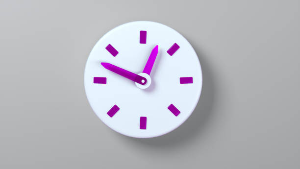 White Clock with Purple Arrows and Signs on Grey Background. Countdown Concept. Isolated. Cartoon Minimalism Style. Minimal Icon. 3D Render Illustration.