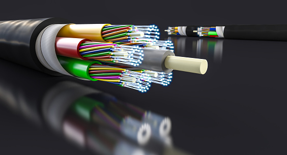 Detail of optical fiber on black background. 3d render background