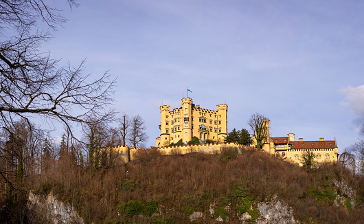 On December 29th 2023, a look from below, the Hohenschwangau Castle sitting on a hill in Hohenschwangau.