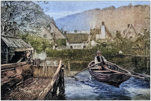 ilustrações, clipart, desenhos animados e ícones de antique photo of paintings: mill pond - mill