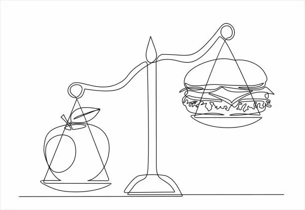 Vector illustration of continuous one single line of mechanical scales with apple and burger, hamburger. One continuous line art style
