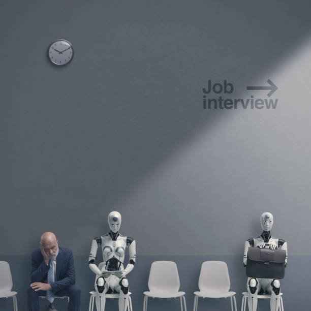 Man and AI robots waiting for a job interview in a corporate office, recruitment and work concept