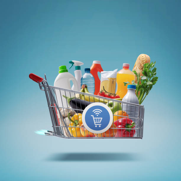 istock Fast rocket-propelled shopping cart with groceries 1941905596