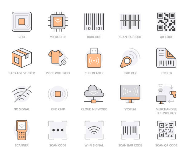 rfid, qr 코드, 바코드 라인 아이콘 세트. 가격표 스캐너, 라벨 리더, 식별 마이크로 칩 벡터 그림. 간단한 윤곽선 표지판 소매 안전 응용 프로그램. 오렌지 색상. 편집 가능한 획 - bar code reader bar code box labeling stock illustrations