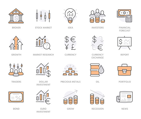 Investment line icon set. Stock market, bond, financial analysis, broker, income increase minimal vector illustration. Simple outline signs investor application. Orange Color. Editable Strokes.