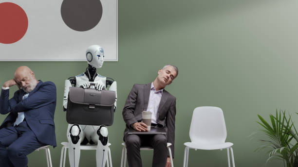 istock Tired job applicants and android robot 1941907167