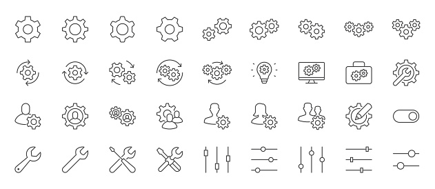Settings line icon set. Cogwheel, support, wrench, screwdriver, development, config, toolbar, setup minimal vector illustrations. Simple outline signs for application options. Editable Stroke.