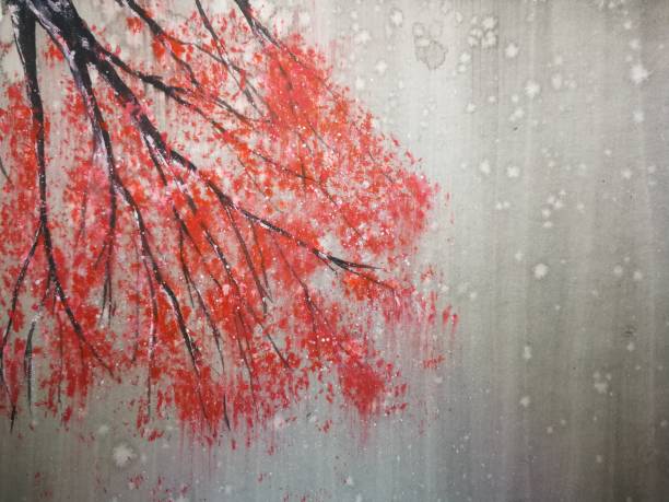istock watercolor landscape red tree stand alone and leaf falling to the wind in season. traditional oriental ink asia art style. 1941919481