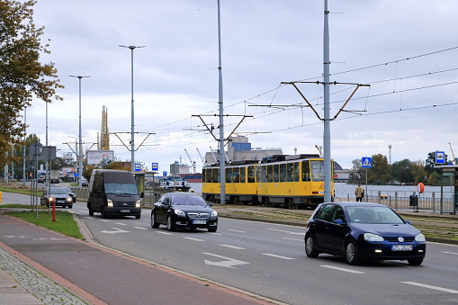 October 28 2023 - Stettin, Szczecin in Poland: modern tram in the center of the City
