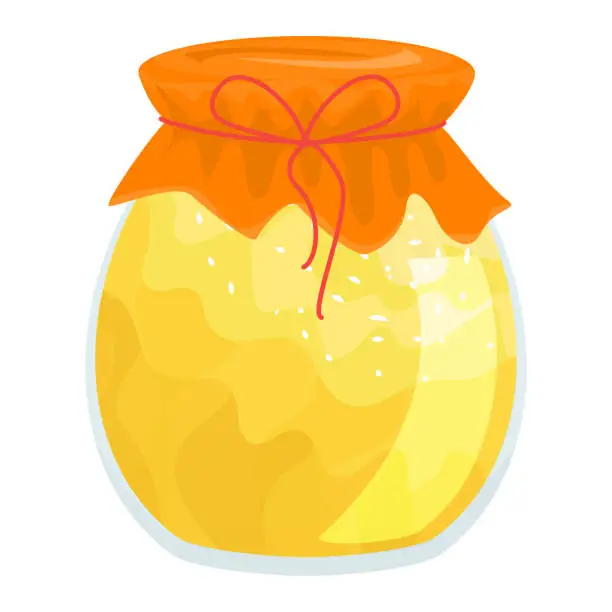 Vector illustration of Cartoon honey jar with orange top and bow, bright yellow honey, shiny highlights. Sweet organic honey in glass jar vector illustration