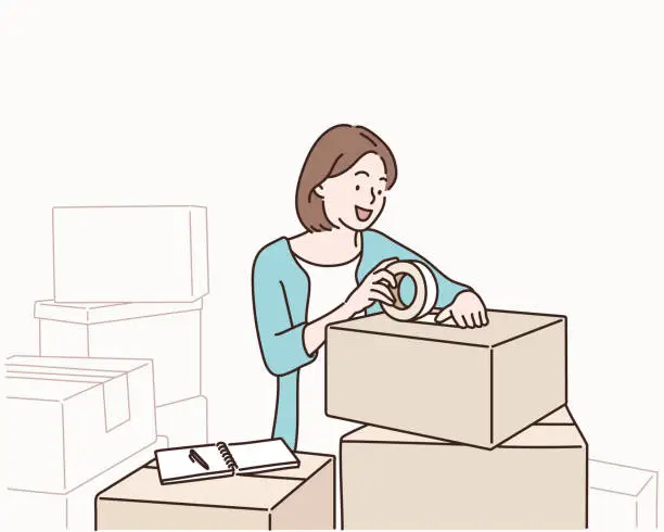 Vector illustration of Young woman packing box indoors.
