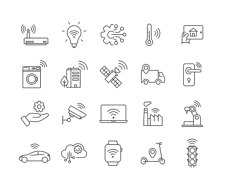 Internet of Things Line Icon Set contains such icons as Rooter, Smart Home, Smart Watch, Tracking Order, Industry 4.0 and so on. Editable Stroke, Customizable Stroke Width, and Adjustable Colors.