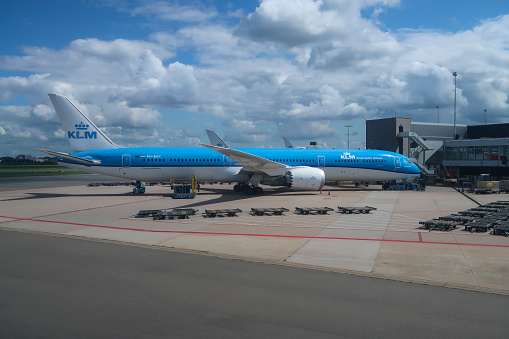 Sshiphol, Amsterdam, Netherlands - August 2 2021; Airplane of KLM the Dutch airline ready to disembark the passengers at Schiphol airport