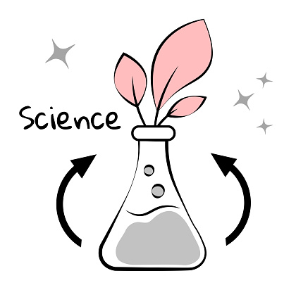 Flask with a plant on a white background. Science. Doodle