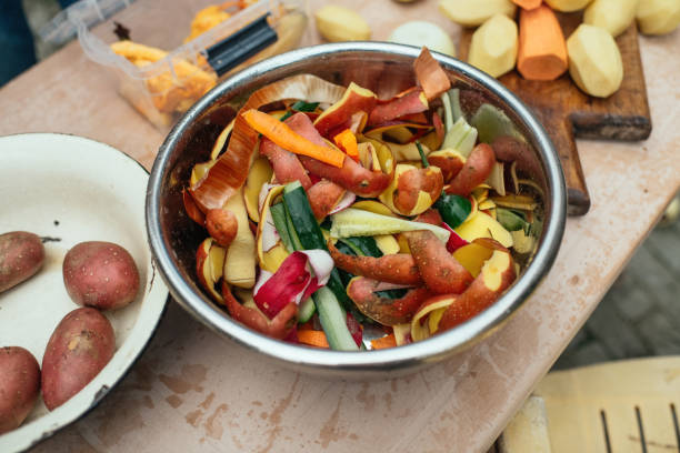 Compost bin with vegetables leftovers at an open kitchen outdoors at back yard. Sustainable lifestyle and zero waste cooking concept.